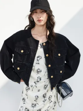 Collarless Cotton Denim Jacket