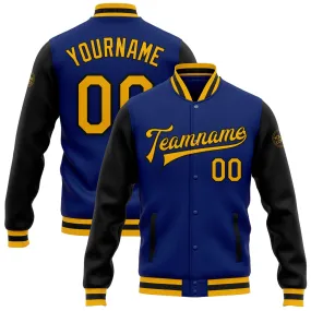 Custom Royal Gold-Black Bomber Full-Snap Varsity Letterman Two Tone Jacket