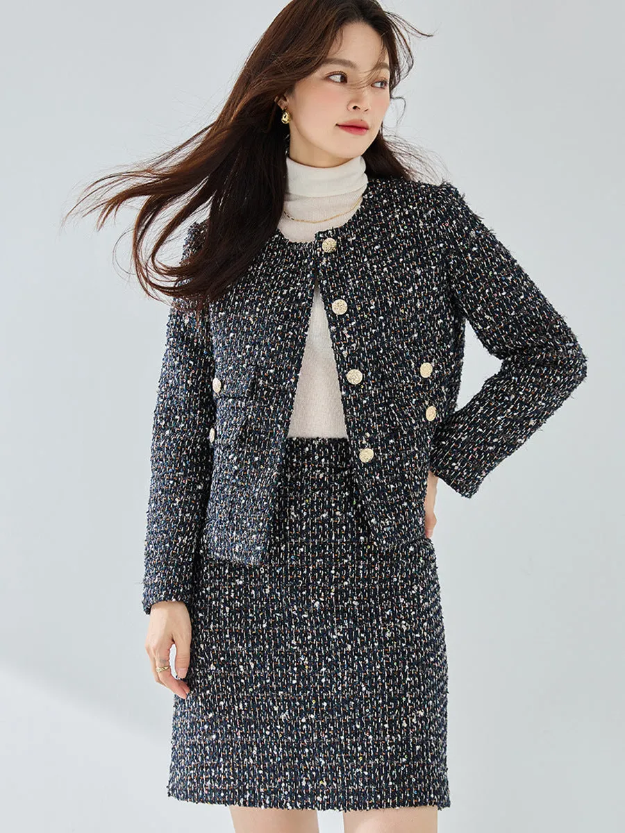 23 Autumn New Knitted Floral Round Collar Slim Fit Wind Coat Vest Skirt Suit Short Coat 22061