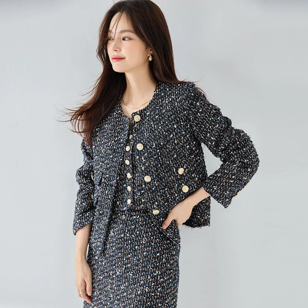 23 Autumn New Knitted Floral Round Collar Slim Fit Wind Coat Vest Skirt Suit Short Coat 22061