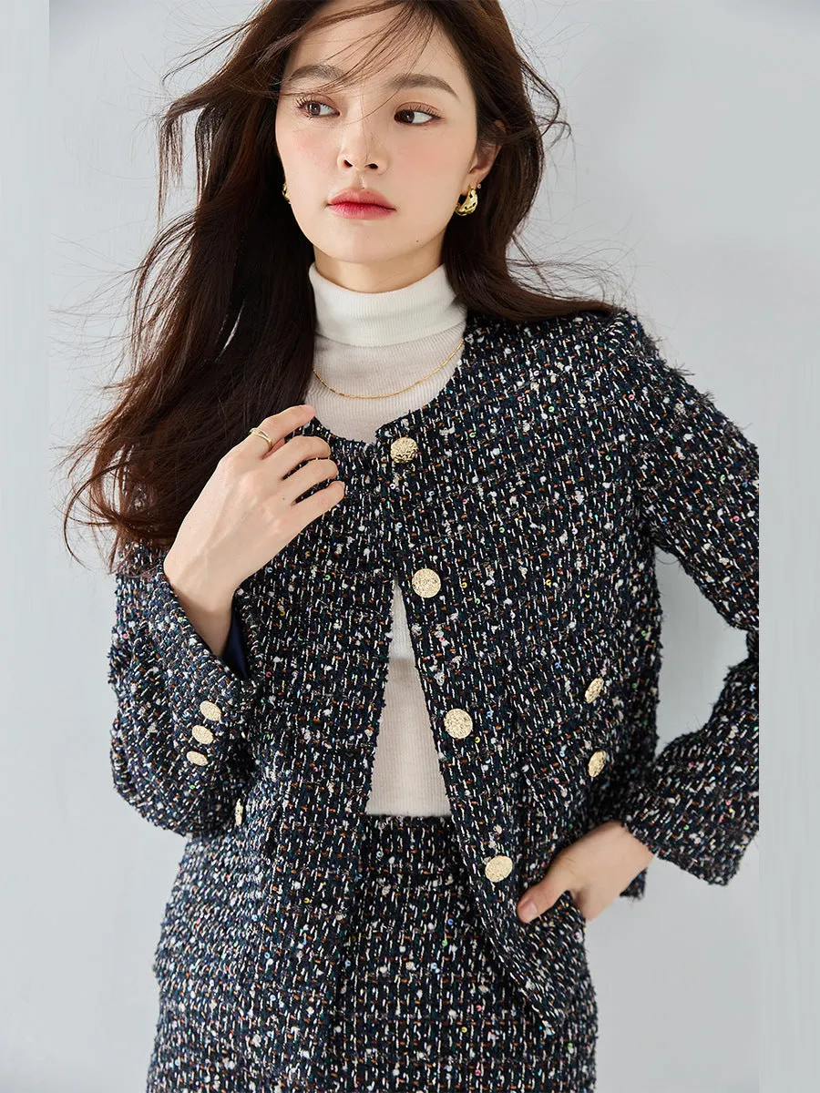 23 Autumn New Knitted Floral Round Collar Slim Fit Wind Coat Vest Skirt Suit Short Coat 22061