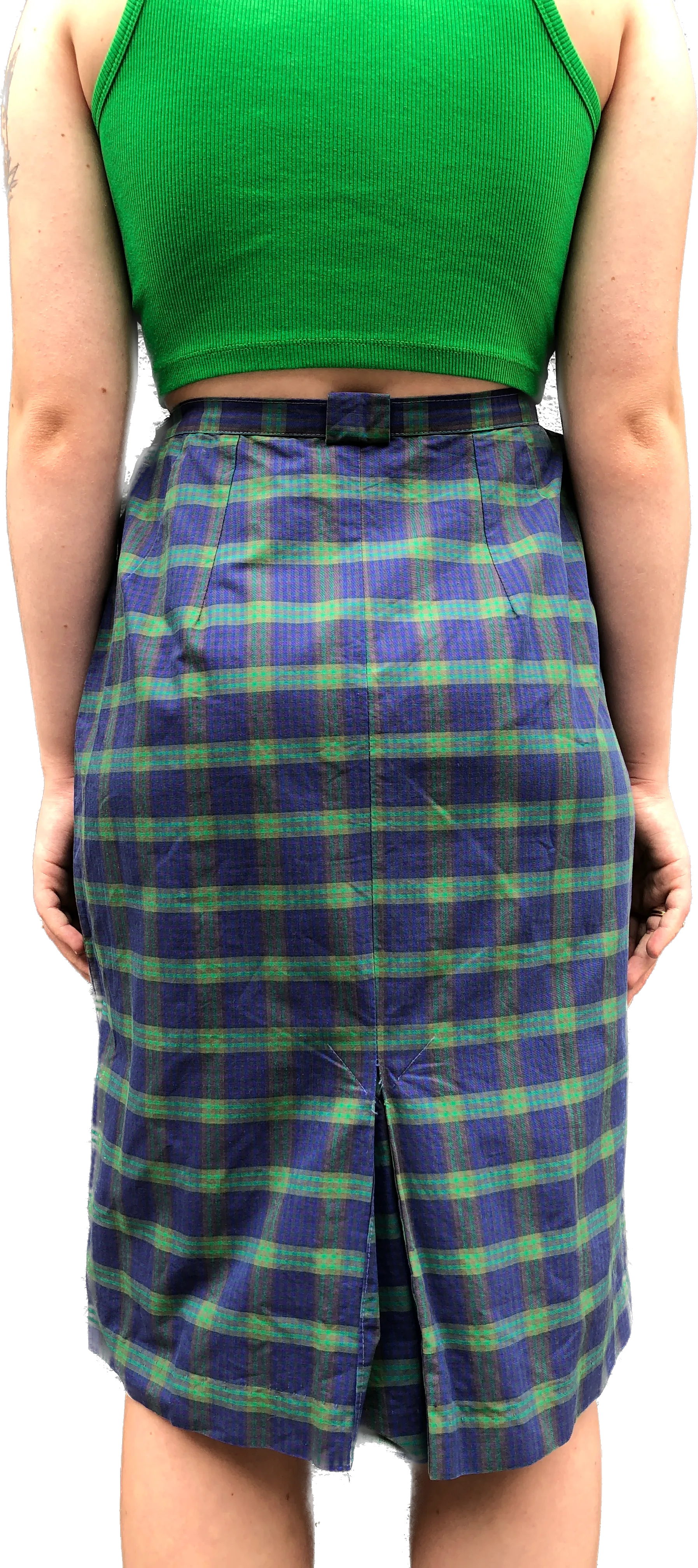 50s Green Plaid Pencil Skirt w/Pocket  w28