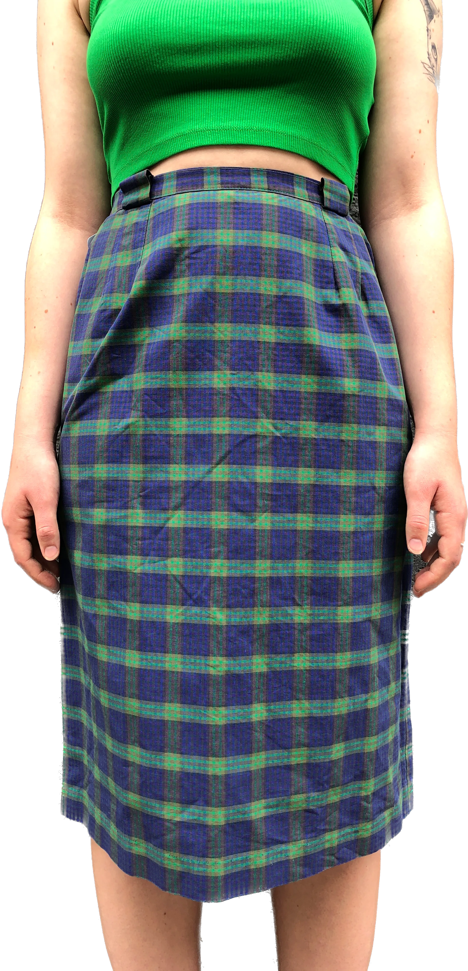 50s Green Plaid Pencil Skirt w/Pocket  w28