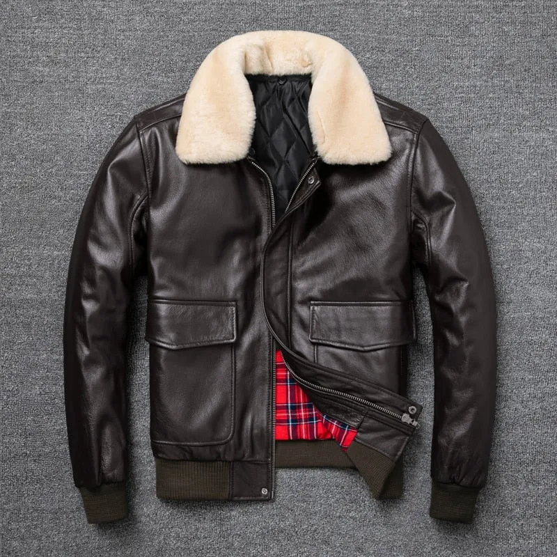 Aidase  Air Force Flight Jacket Fur Collar Genuine Top Layer Cow Leather Jacket Men Black Brown Cow Coat Men's Winter Jacket