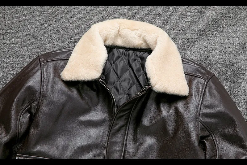 Aidase  Air Force Flight Jacket Fur Collar Genuine Top Layer Cow Leather Jacket Men Black Brown Cow Coat Men's Winter Jacket