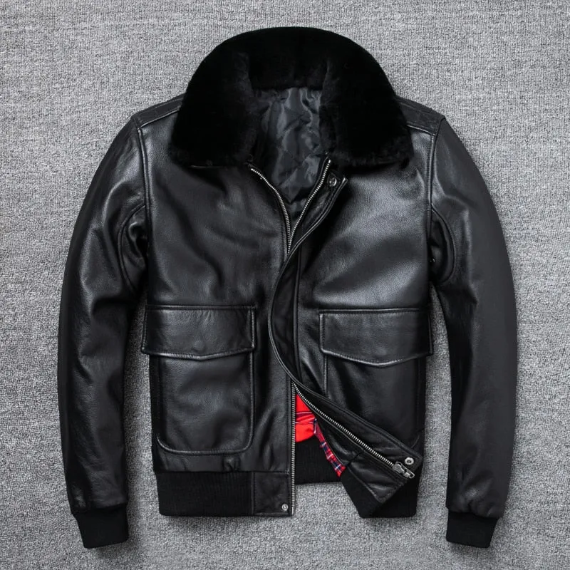 Aidase  Air Force Flight Jacket Fur Collar Genuine Top Layer Cow Leather Jacket Men Black Brown Cow Coat Men's Winter Jacket