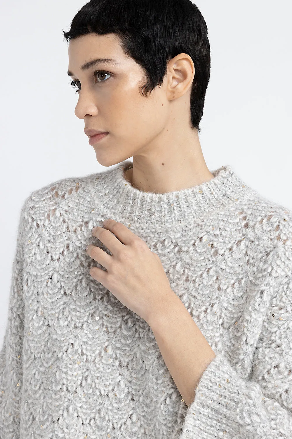 Alpaca blend, sequin and Lurex lace pattern sweater