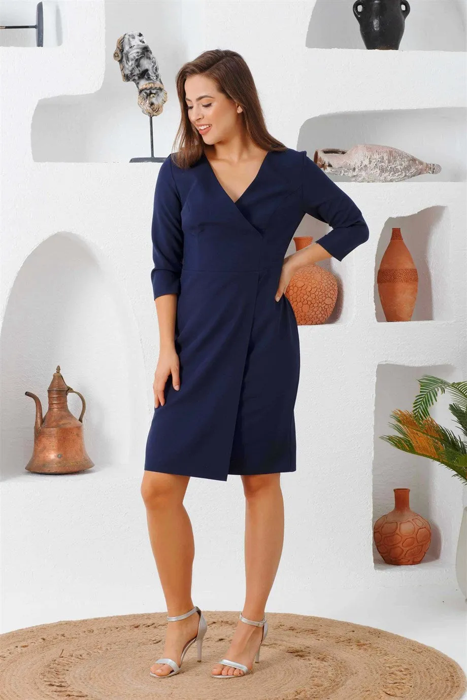 Angelino navy blue pancakes half arm big size evening dress dress