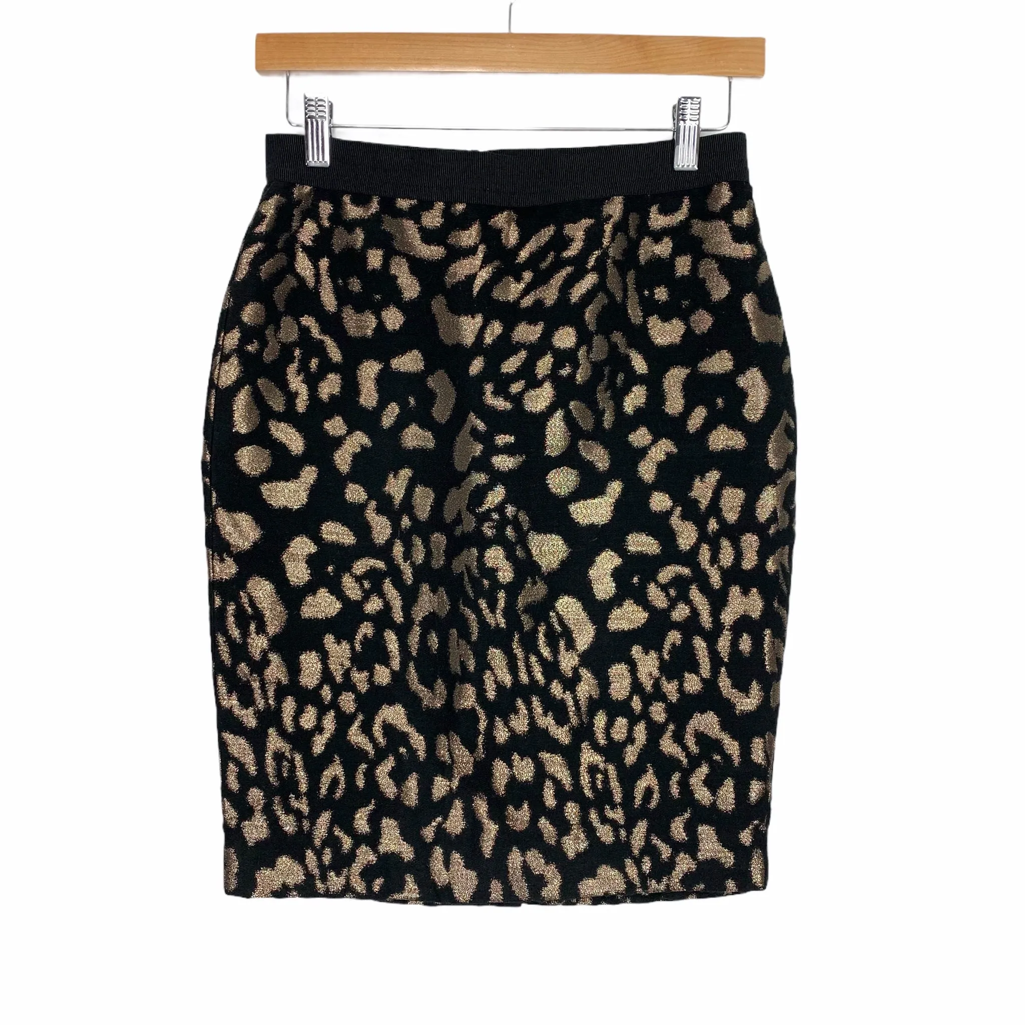 Ann Taylor Petite Black and Gold Metallic Animal Print Elastic Waist Pencil Skirt- Size 0P