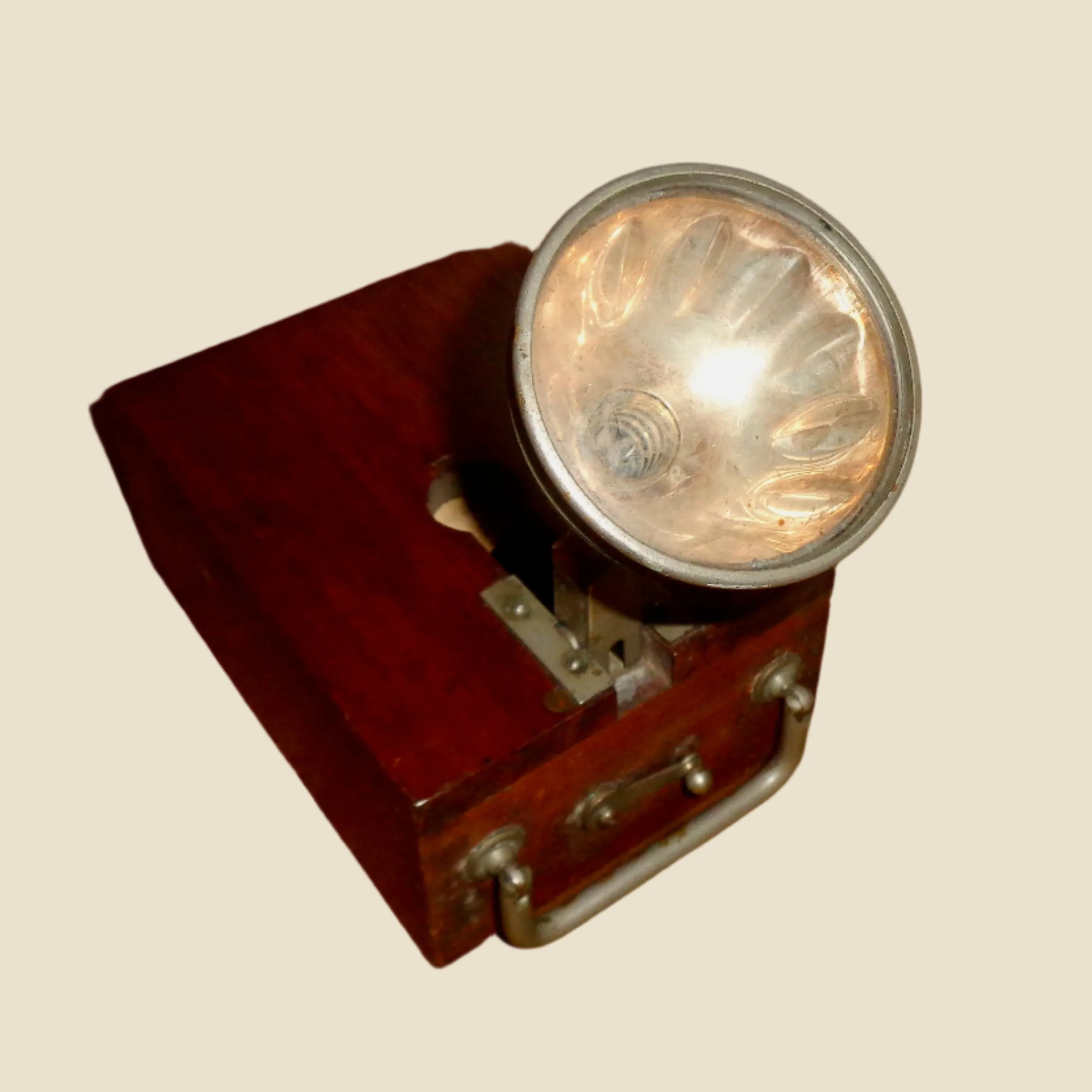 Antique Angled Bulb Torch / Hand Lamp In A Wood Case