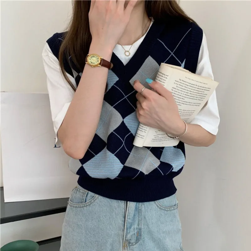 Argyle Women Sweater Vest Korean Style Autumn Knit Pullover Cute Jumper Casual V Neck Blue Loose Ladies Plaid Vest