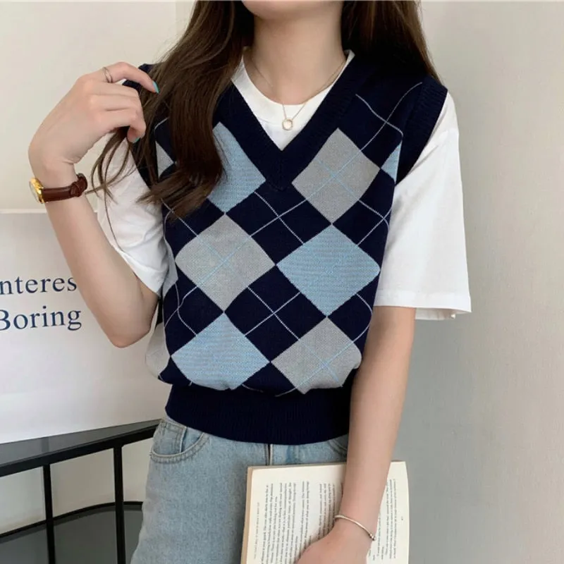 Argyle Women Sweater Vest Korean Style Autumn Knit Pullover Cute Jumper Casual V Neck Blue Loose Ladies Plaid Vest