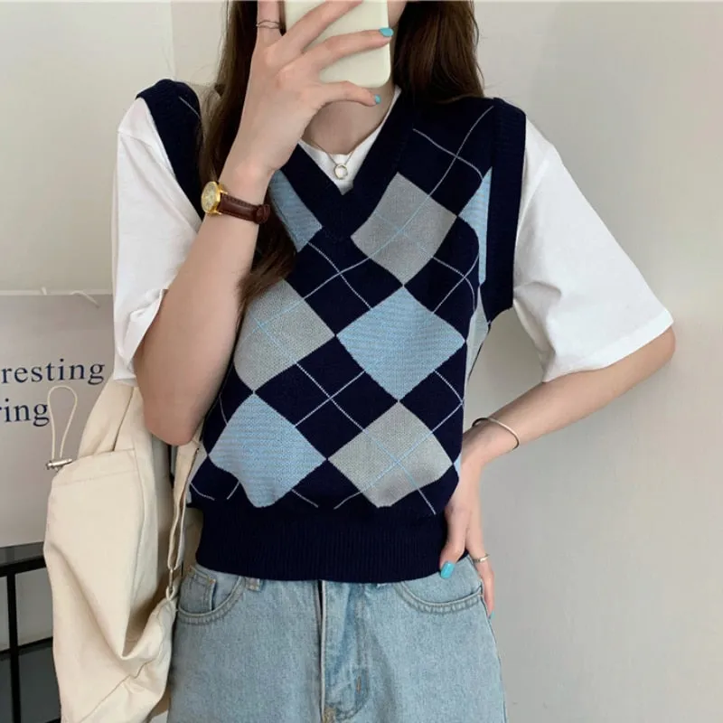 Argyle Women Sweater Vest Korean Style Autumn Knit Pullover Cute Jumper Casual V Neck Blue Loose Ladies Plaid Vest