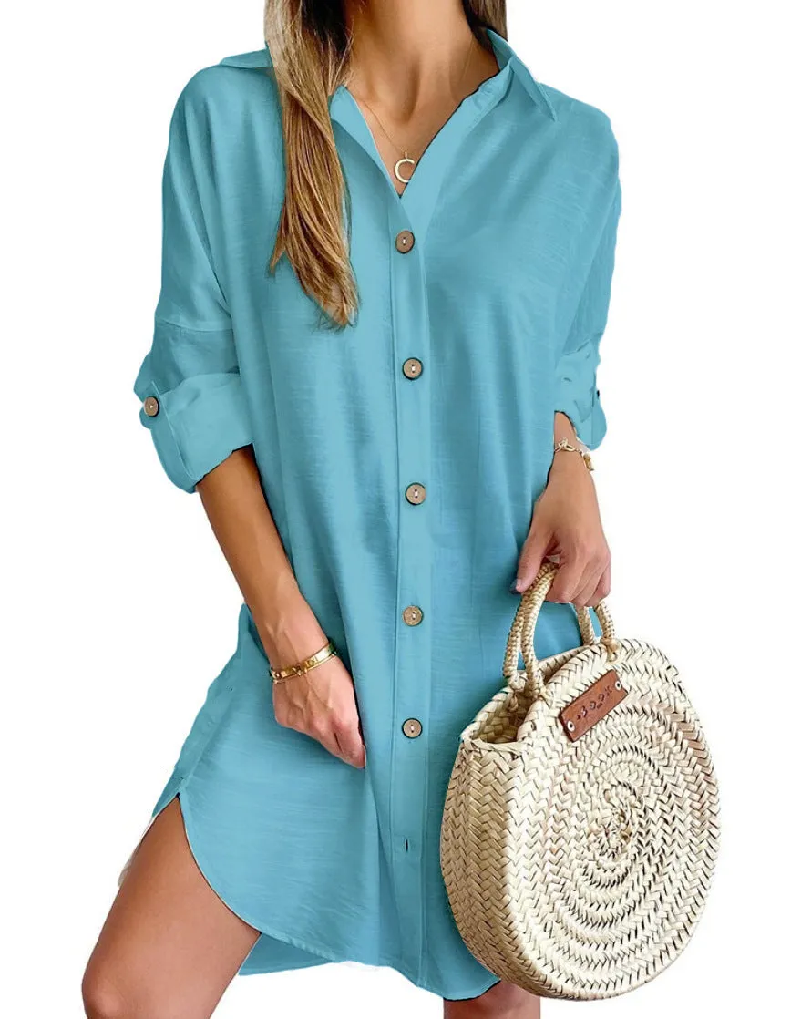 Autumn Leisure Long Sleeve Lapel Button Shirt Dress Womens Clothing