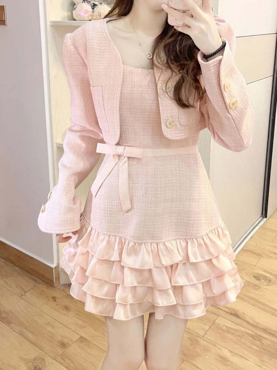 Autumn Outfit For Breasts Pink Short Coat Suspender Skirt