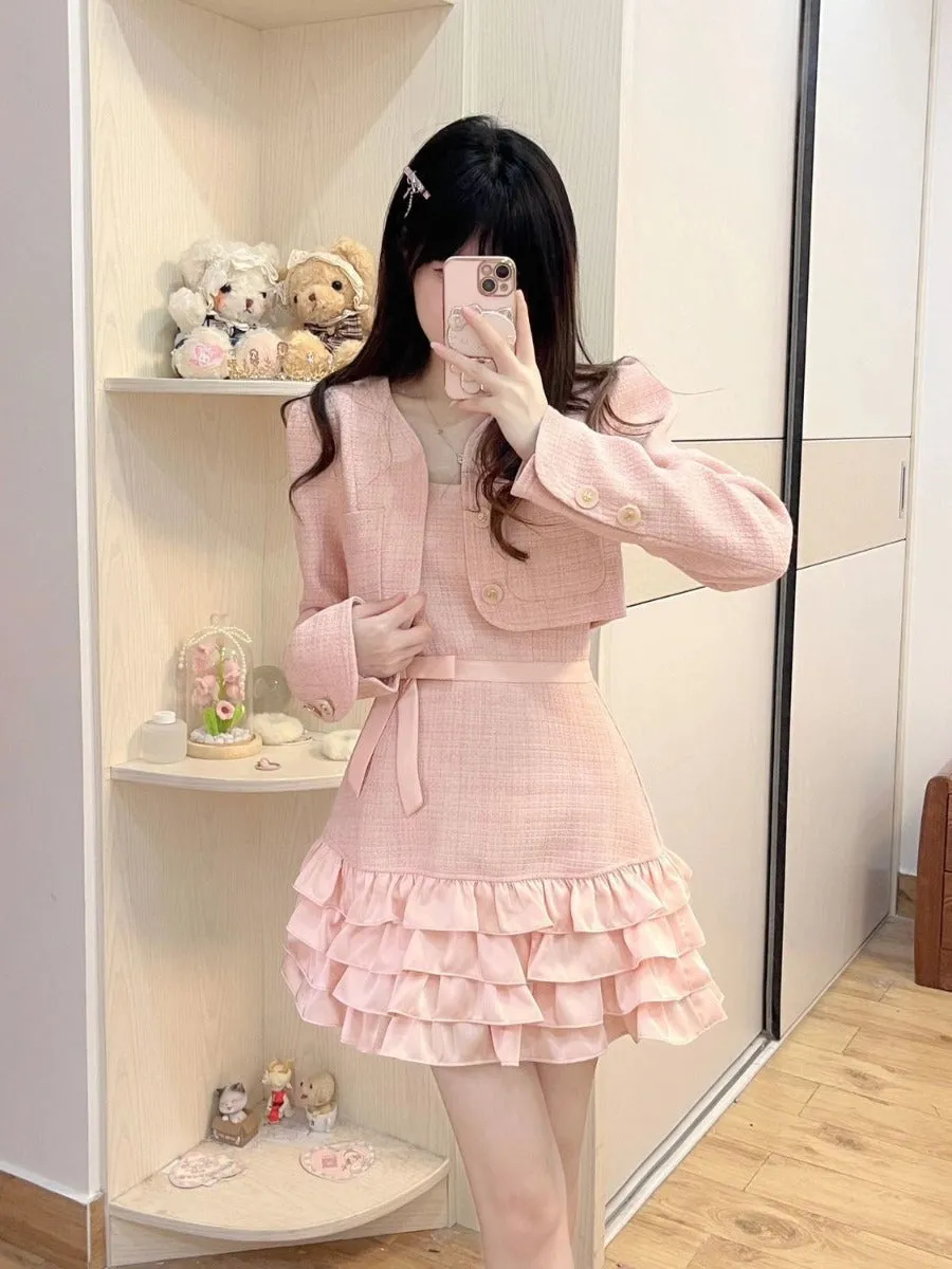 Autumn Outfit For Breasts Pink Short Coat Suspender Skirt