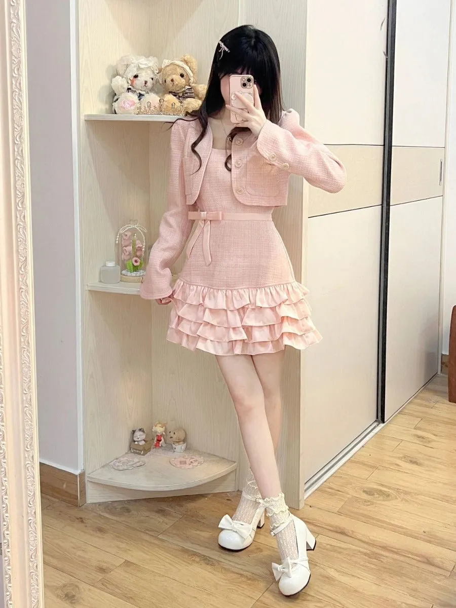 Autumn Outfit For Breasts Pink Short Coat Suspender Skirt