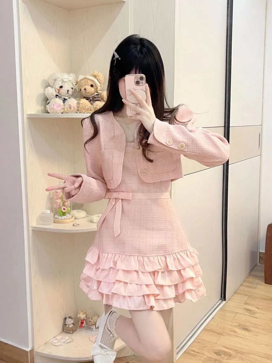 Autumn Outfit For Breasts Pink Short Coat Suspender Skirt