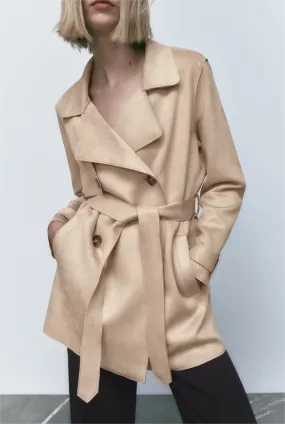 Autumn Women Clothing Street Suede Texture Trench Coat