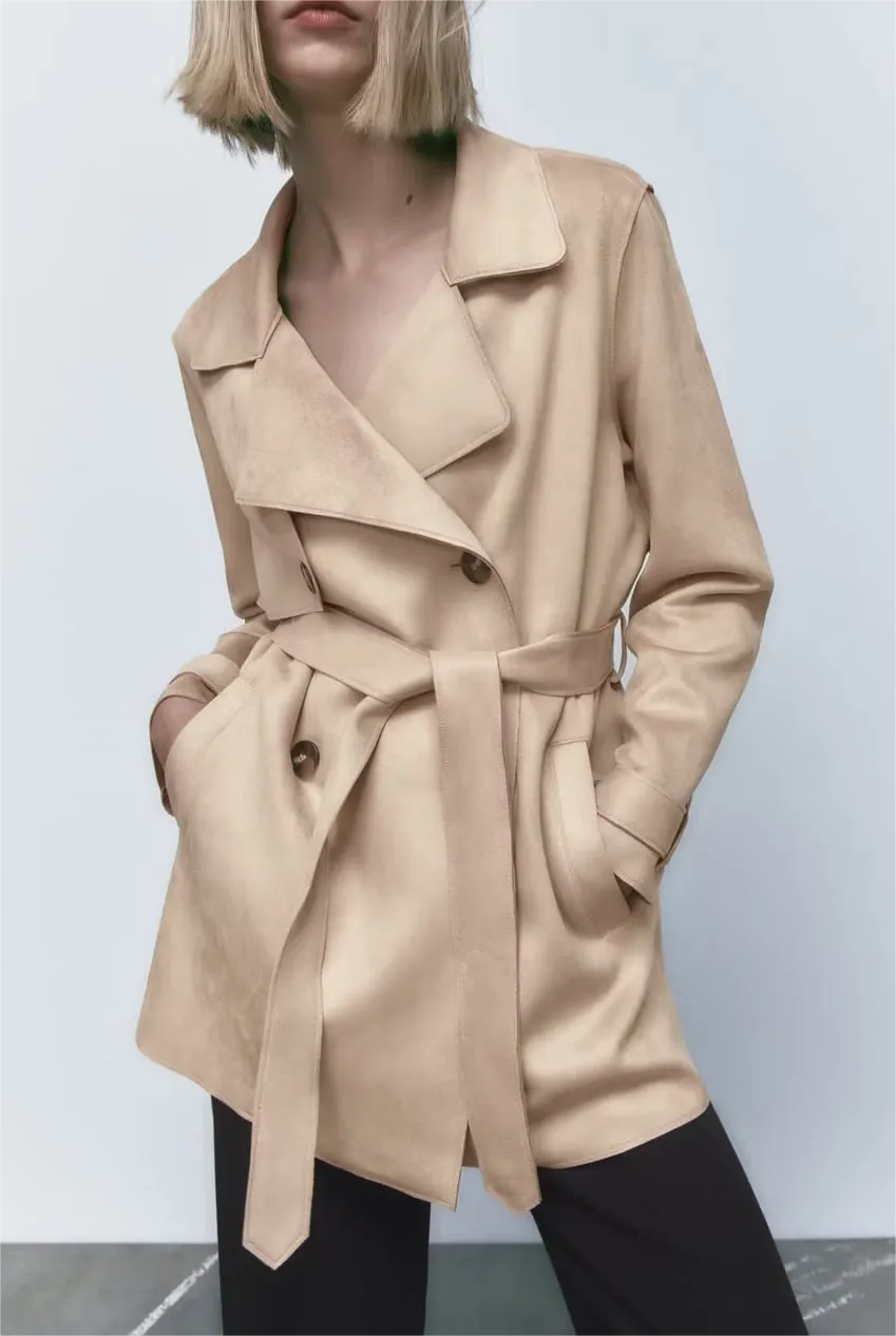 Autumn Women Clothing Street Suede Texture Trench Coat