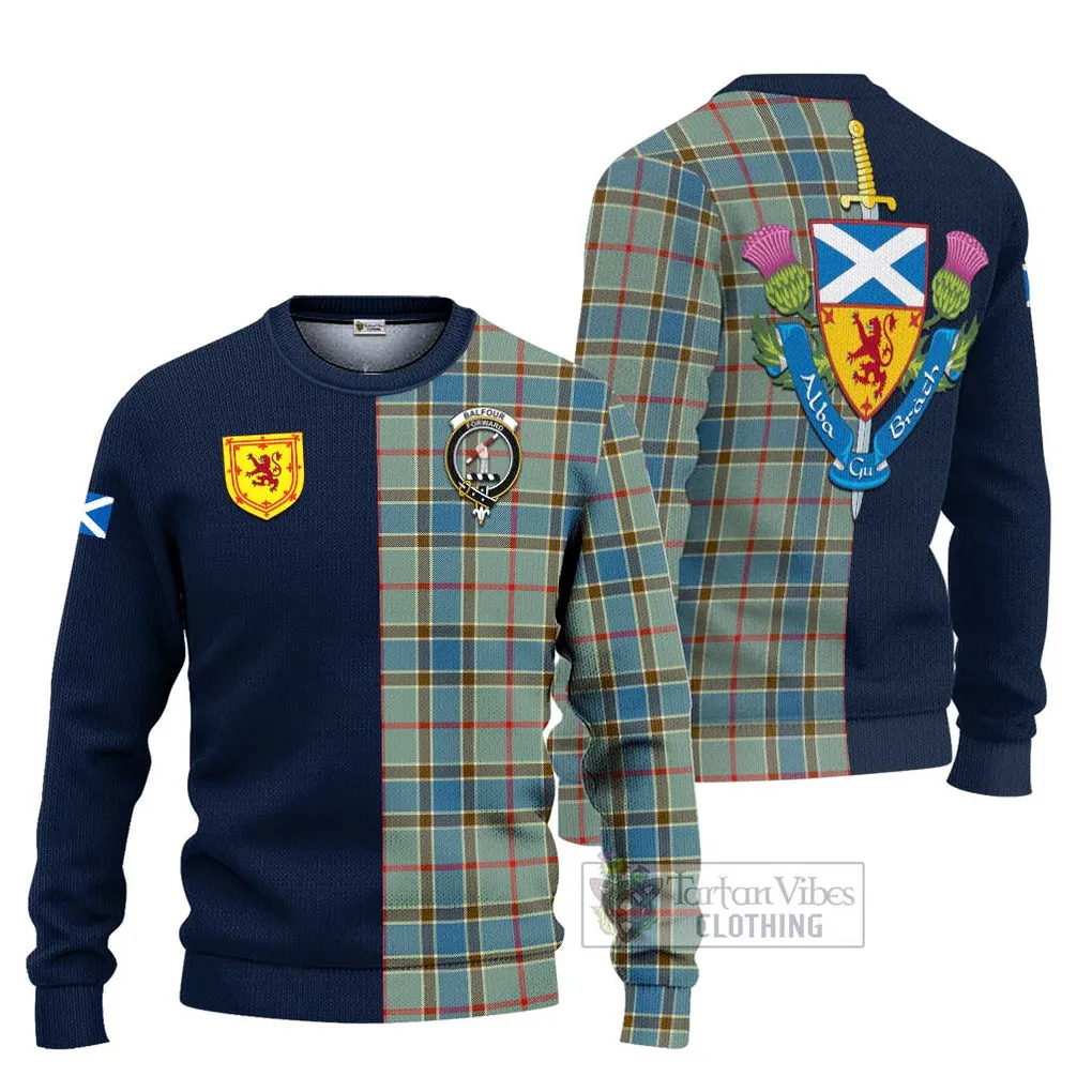 Balfour Blue Tartan Ugly Sweater with Scottish Lion Royal Arm Half Style