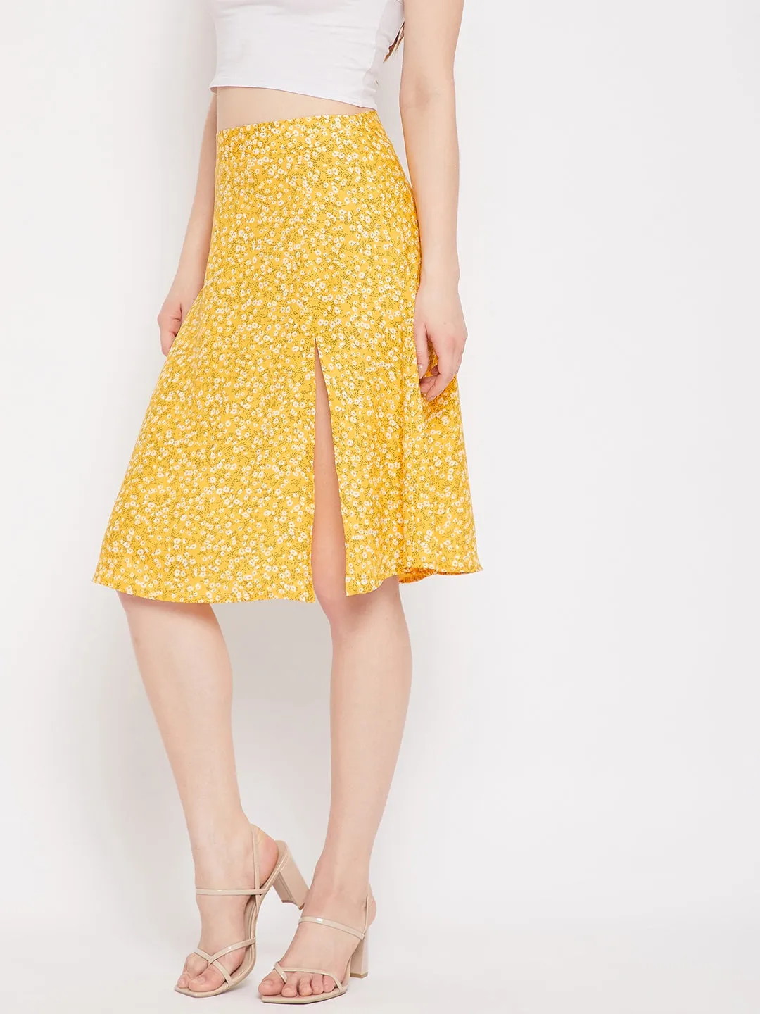 Berrylush Women Yellow & White Floral Printed Thigh-High Slit Pencil Midi Skirt