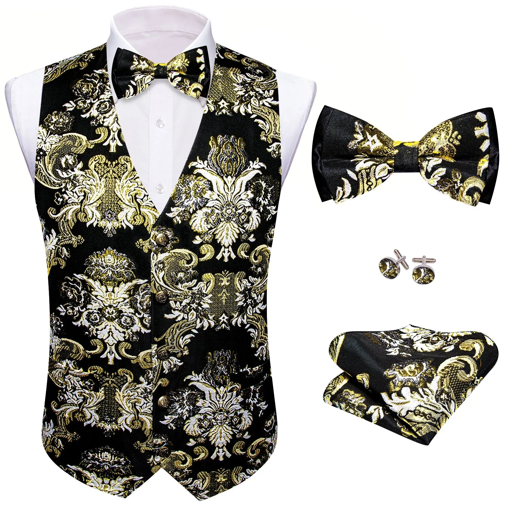 Black Beige Floral Silk Men's Vest Bow Tie Set Waistcoat Suit Set