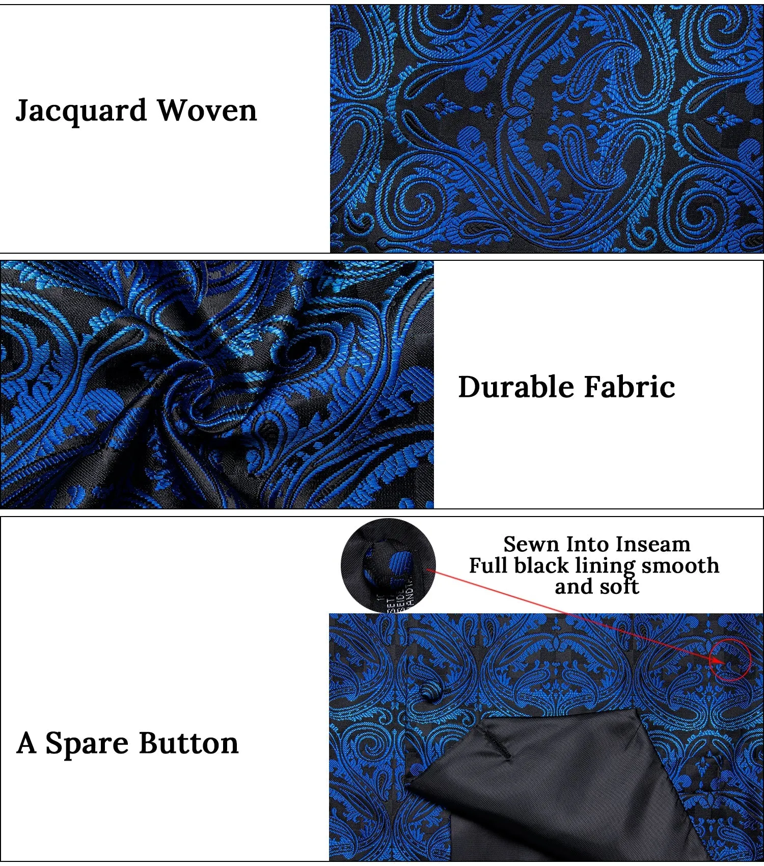 Black Blue Gradient Paisley Jacquard Silk Men's Vest Hanky Cufflinks Tie Set