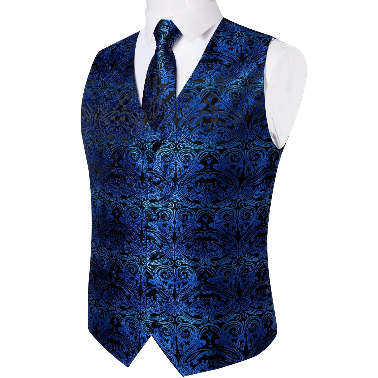 Black Blue Gradient Paisley Jacquard Silk Men's Vest Hanky Cufflinks Tie Set