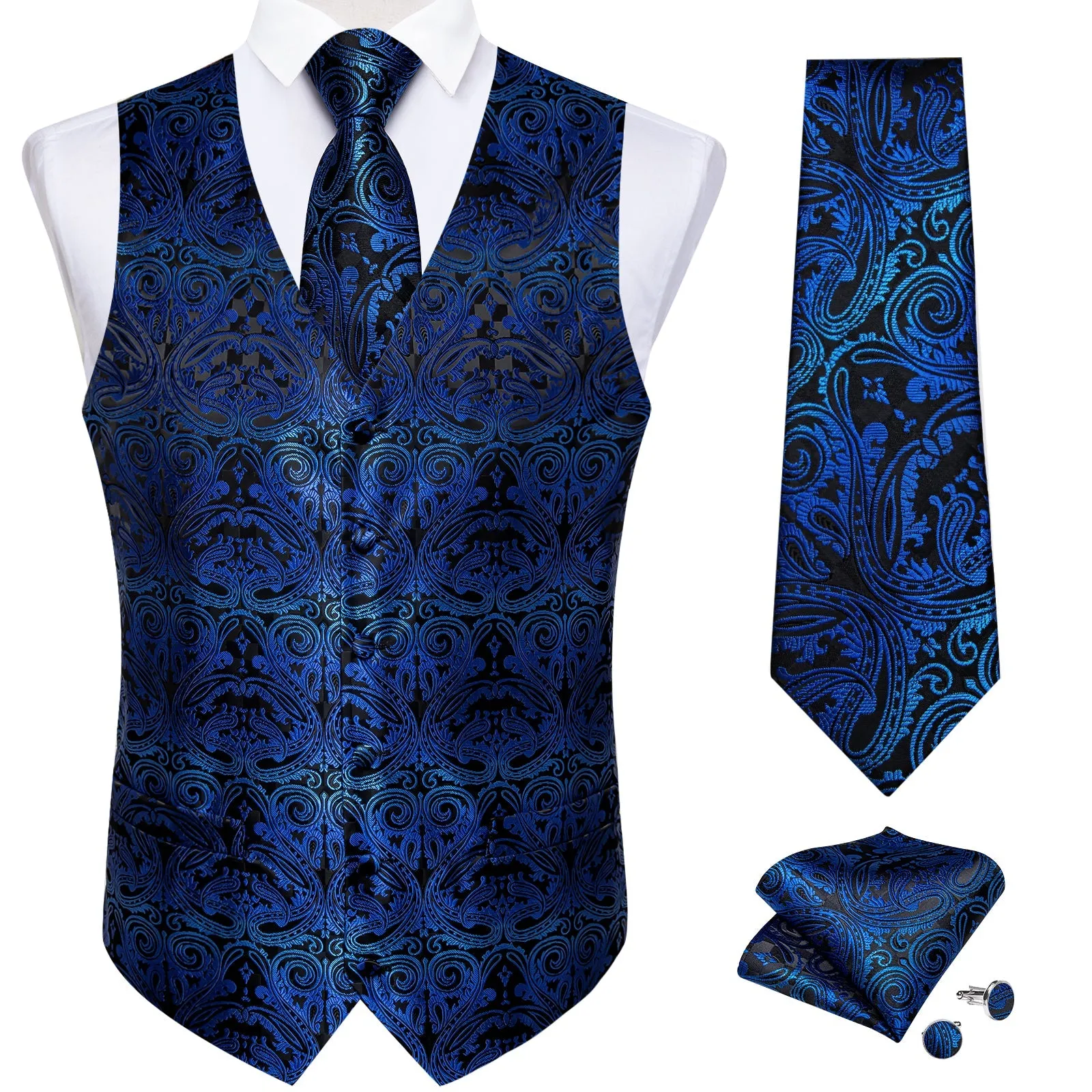 Black Blue Gradient Paisley Jacquard Silk Men's Vest Hanky Cufflinks Tie Set