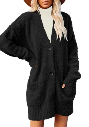 Black Button Down Drop Shoulders Oversized Knit Cardigan