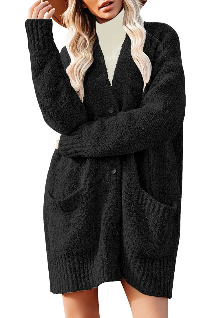 Black Button Down Drop Shoulders Oversized Knit Cardigan