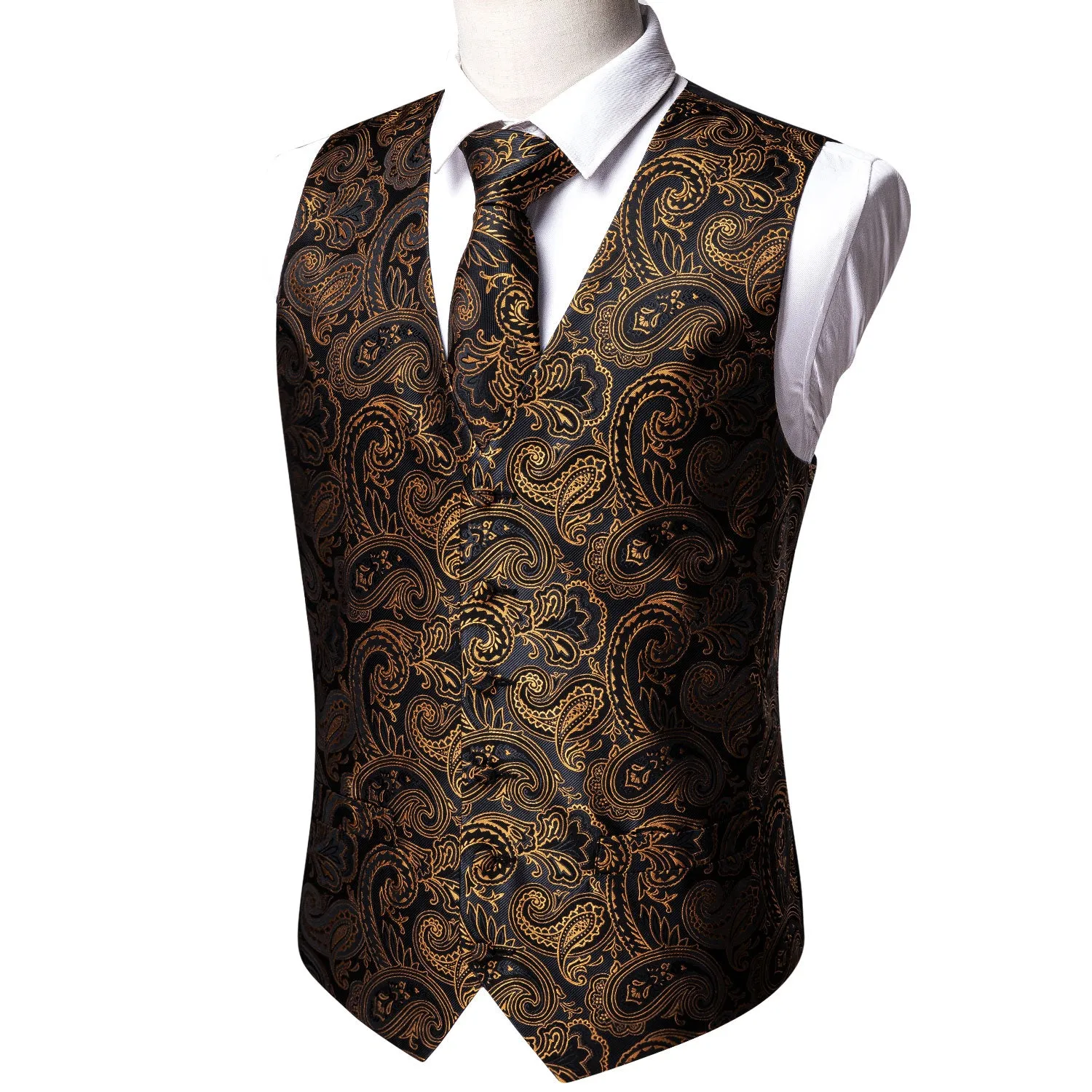 Black Golden Paisley Silk Men's Vest Tie Hanky Cufflinks Set Waistcoat Suit Set