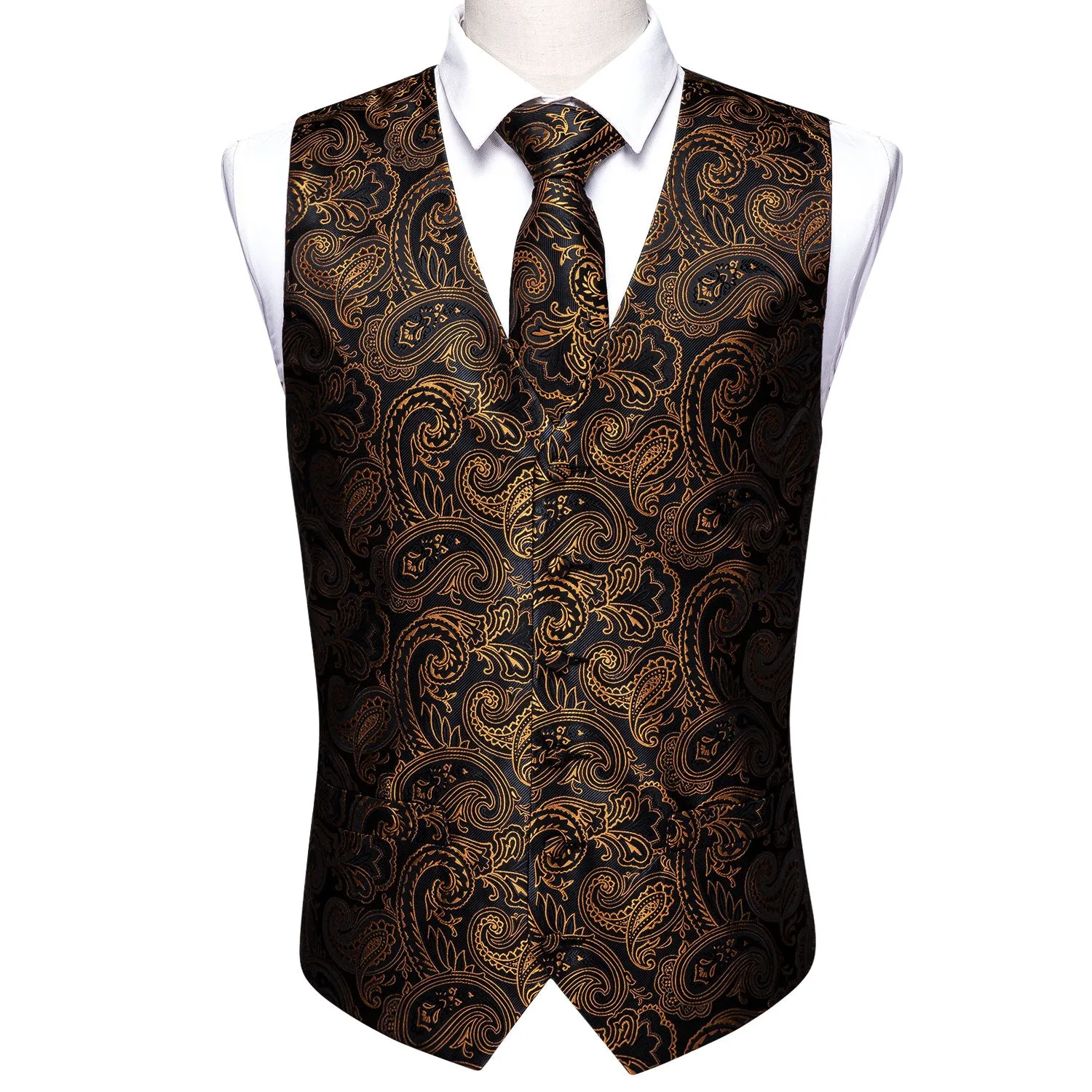 Black Golden Paisley Silk Men's Vest Tie Hanky Cufflinks Set Waistcoat Suit Set