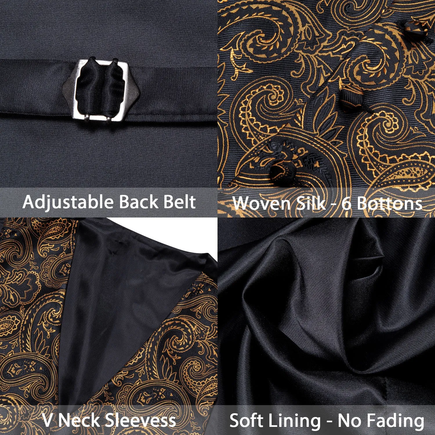 Black Golden Paisley Silk Men's Vest Tie Hanky Cufflinks Set Waistcoat Suit Set