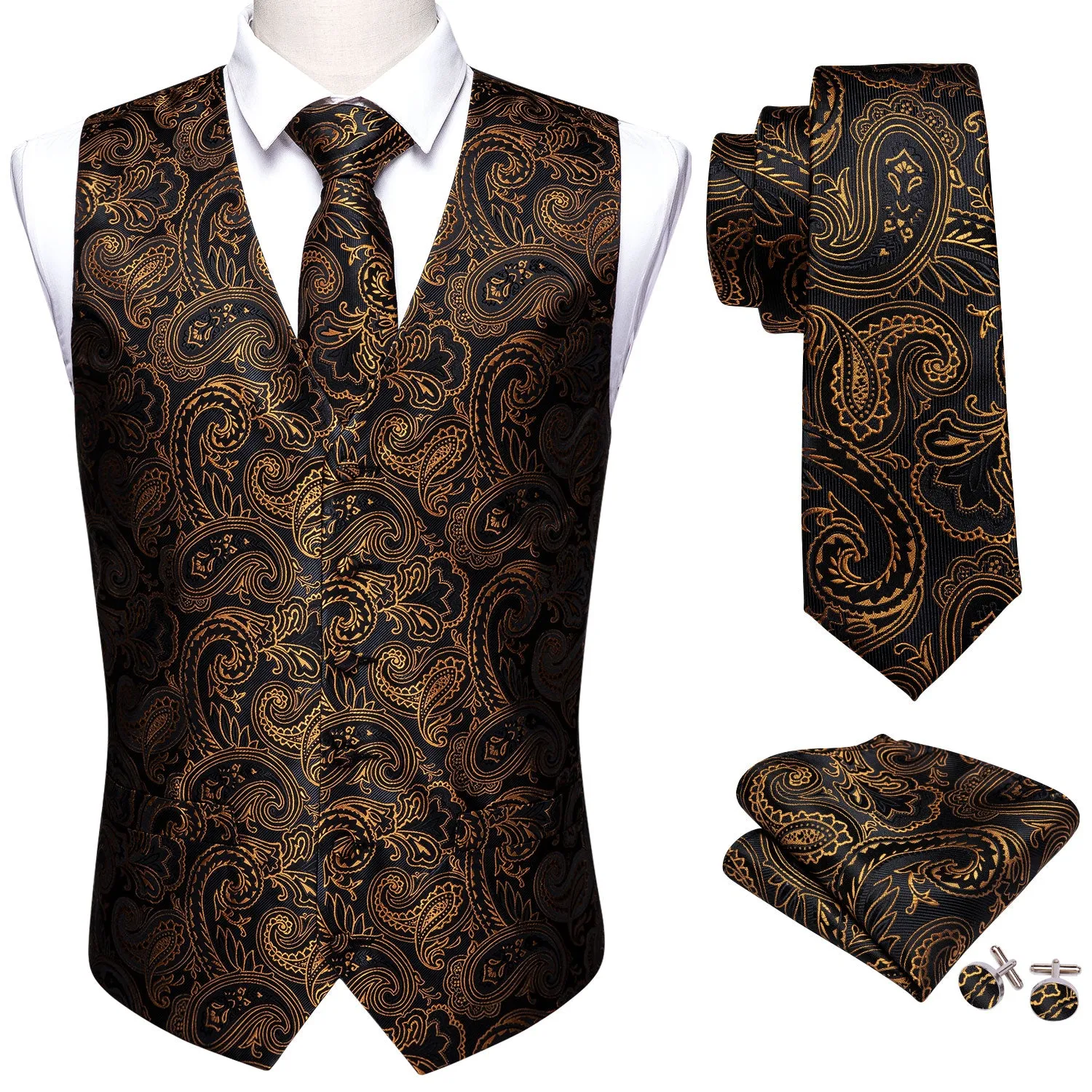 Black Golden Paisley Silk Men's Vest Tie Hanky Cufflinks Set Waistcoat Suit Set