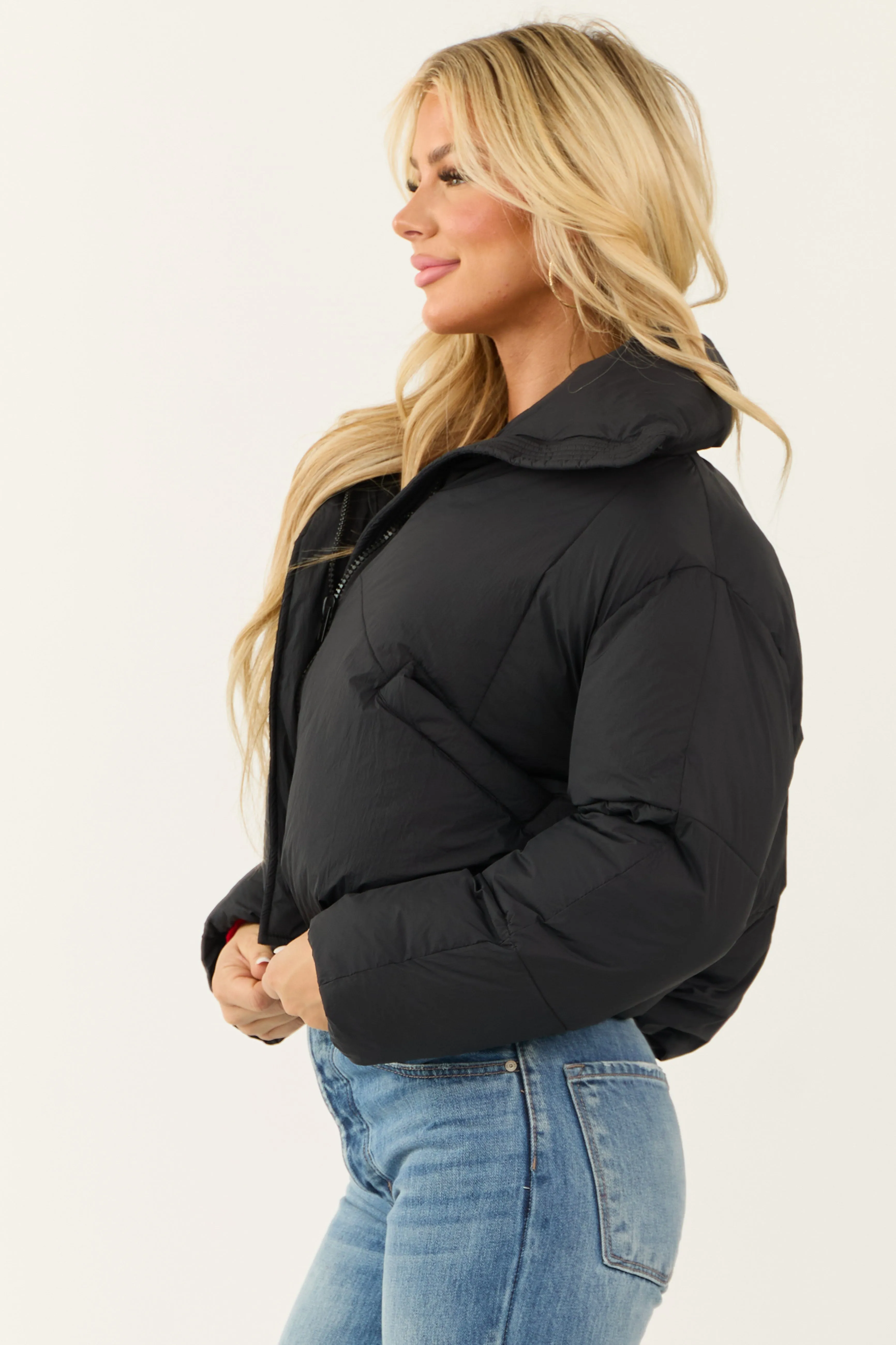 Black Mock Neck Puffer Sleeve Jacket