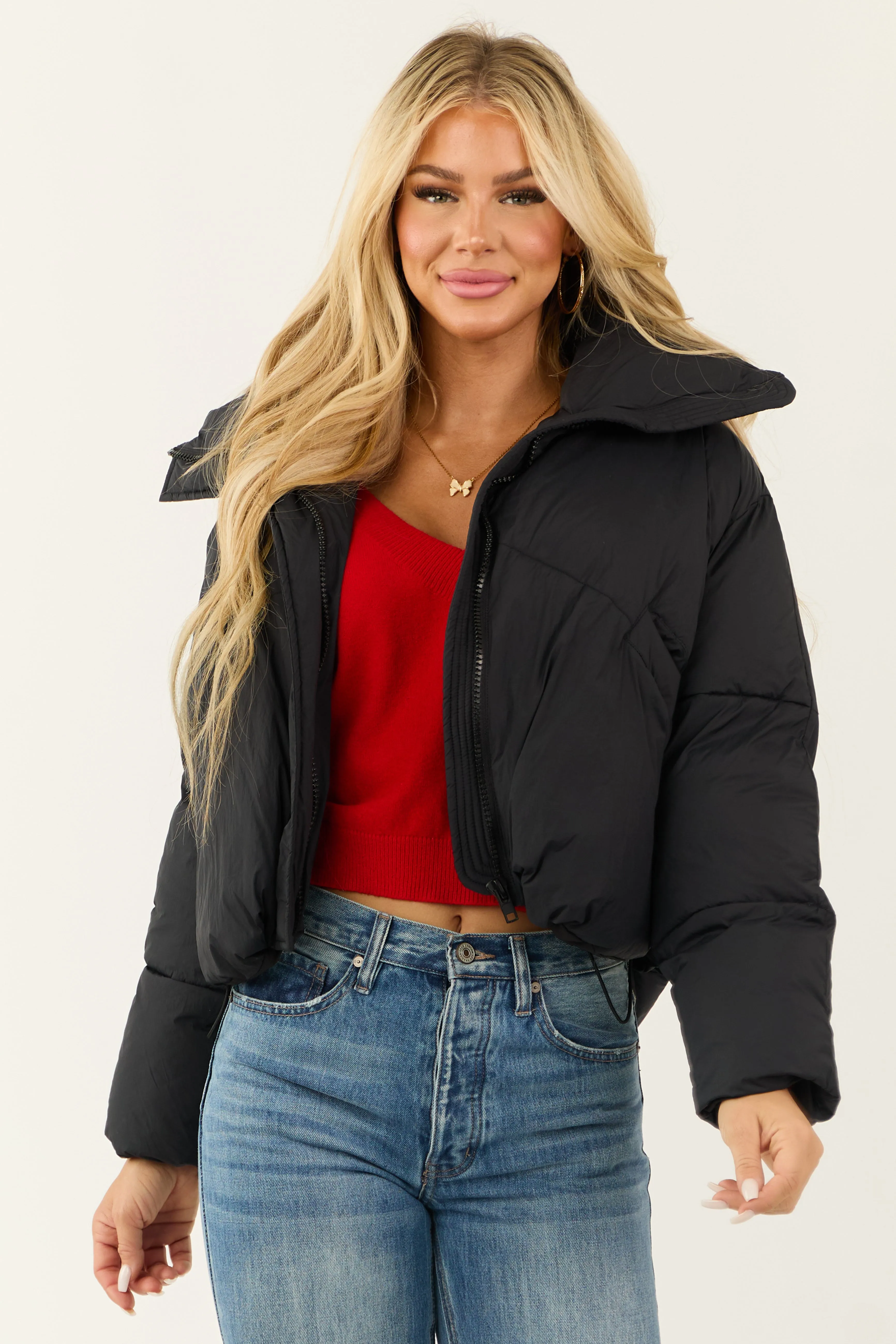 Black Mock Neck Puffer Sleeve Jacket