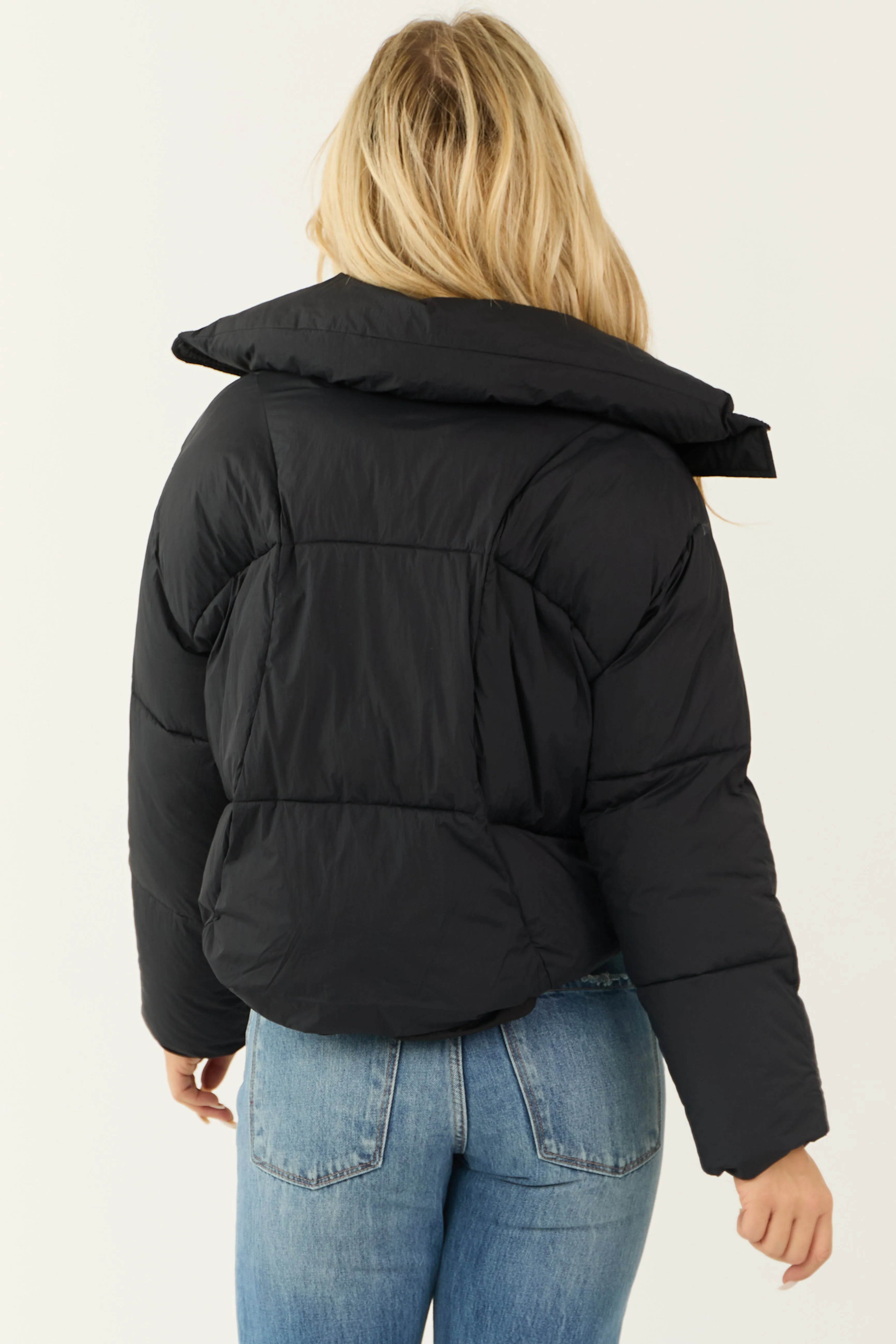 Black Mock Neck Puffer Sleeve Jacket