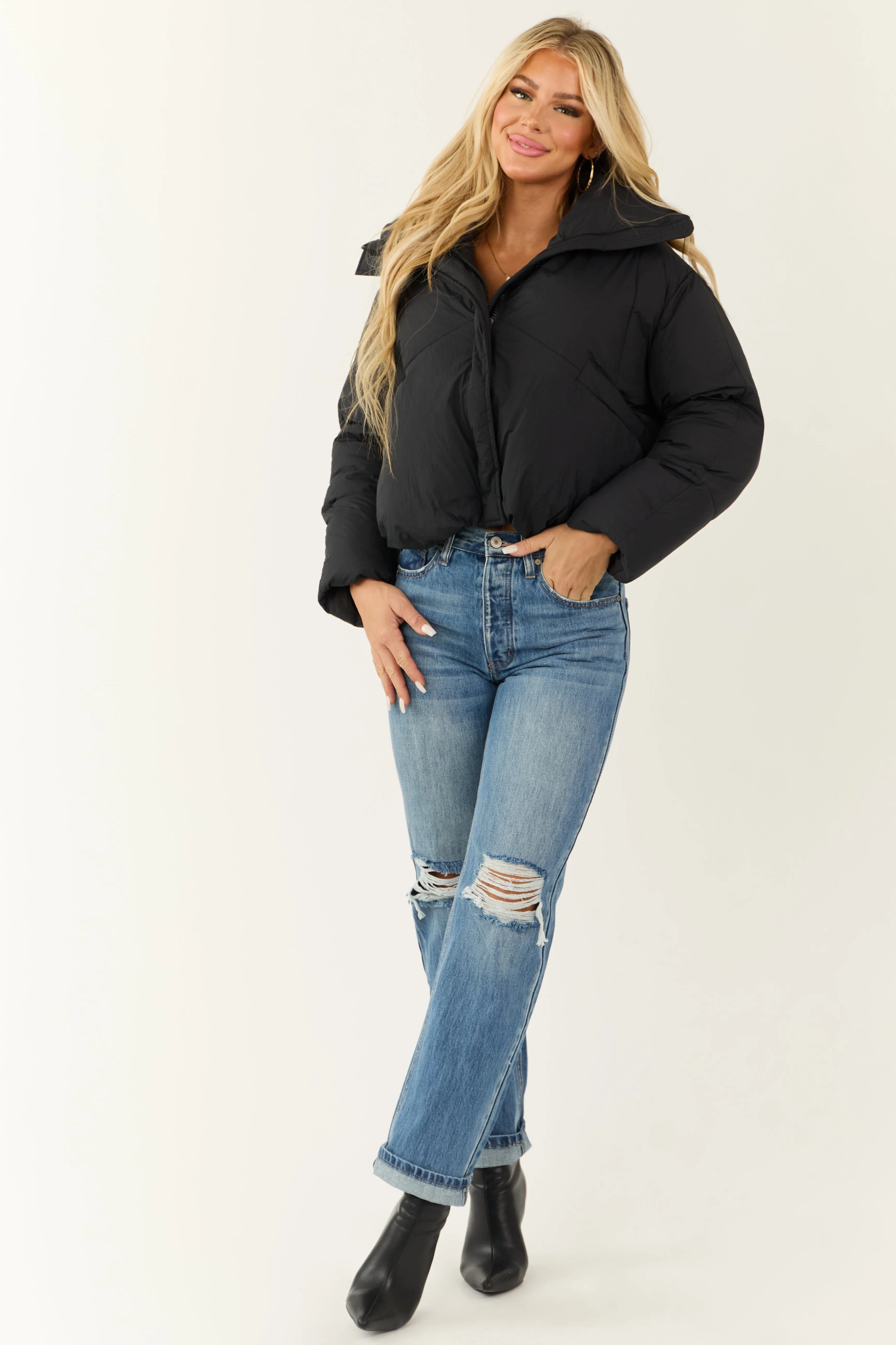 Black Mock Neck Puffer Sleeve Jacket