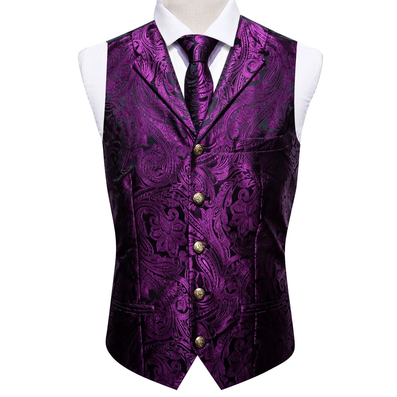 Black Purple Paisley Metal Button Jacquard Silk Men's Vest Hanky Cufflinks Tie Set