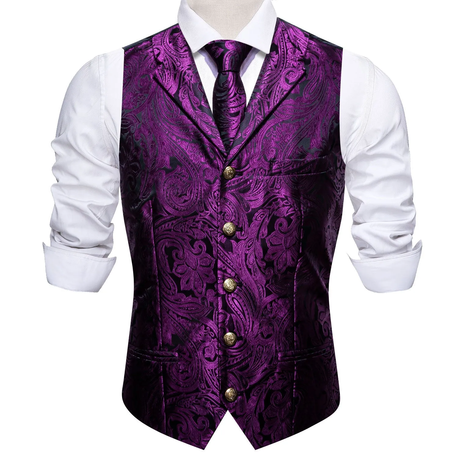 Black Purple Paisley Metal Button Jacquard Silk Men's Vest Hanky Cufflinks Tie Set