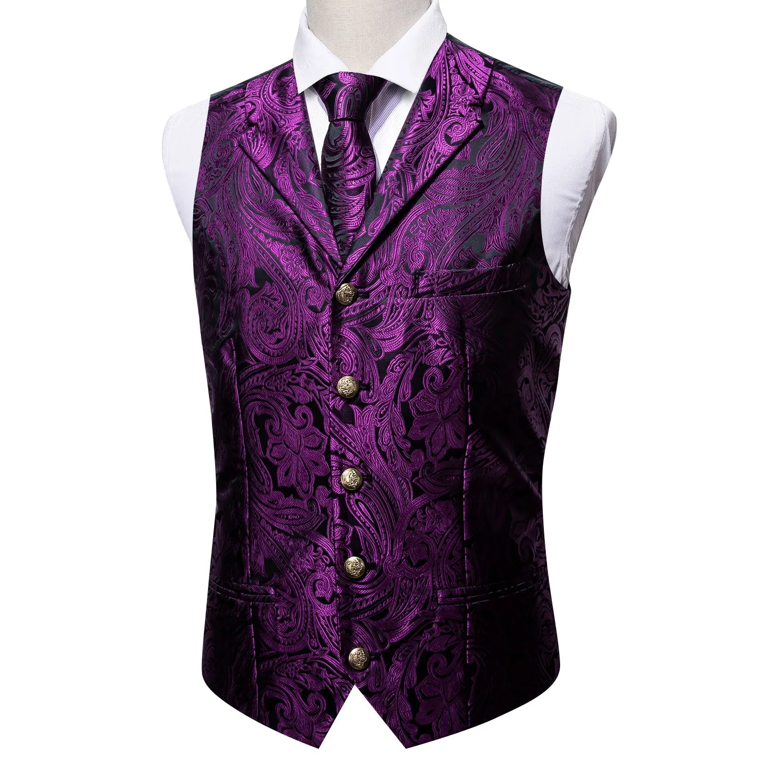 Black Purple Paisley Metal Button Jacquard Silk Men's Vest Hanky Cufflinks Tie Set