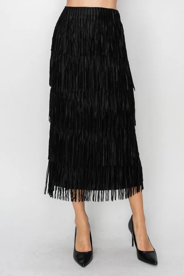 Black Tiered Fringe Tassel Midi Skirt