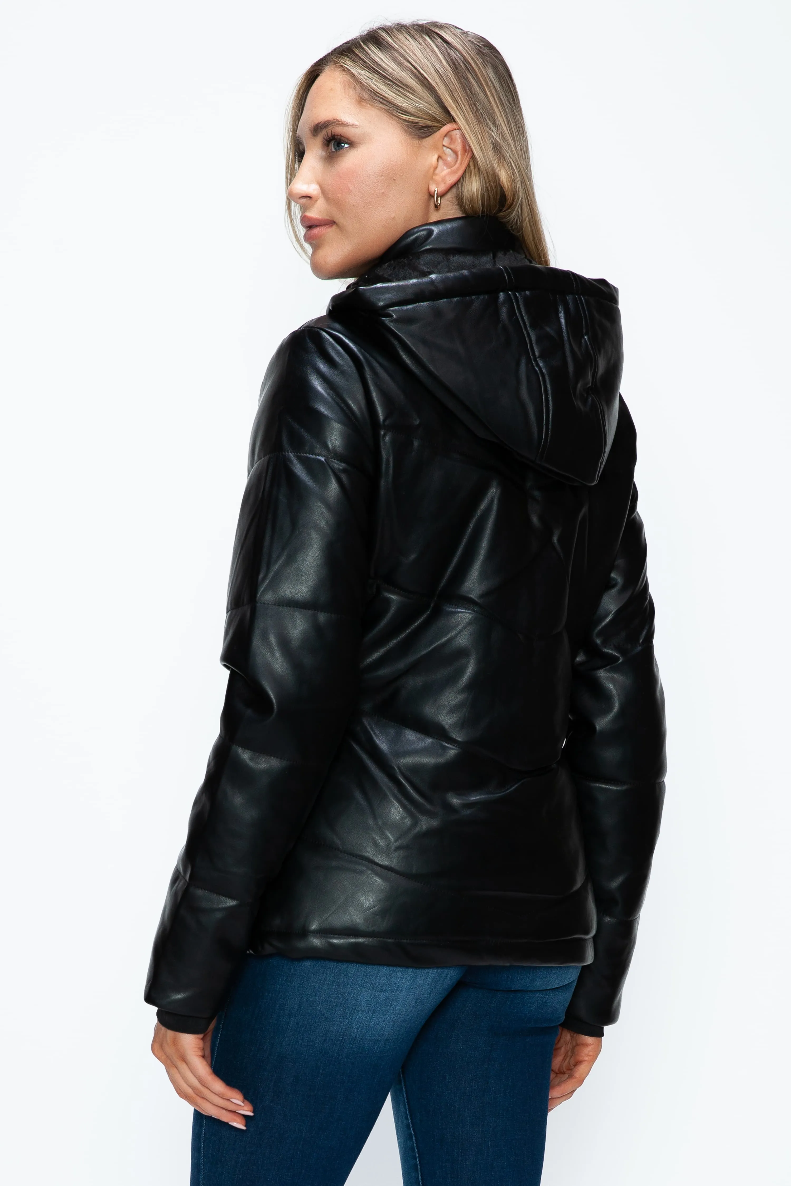 Black Vegan Leather Zip Up Puffer Jacket