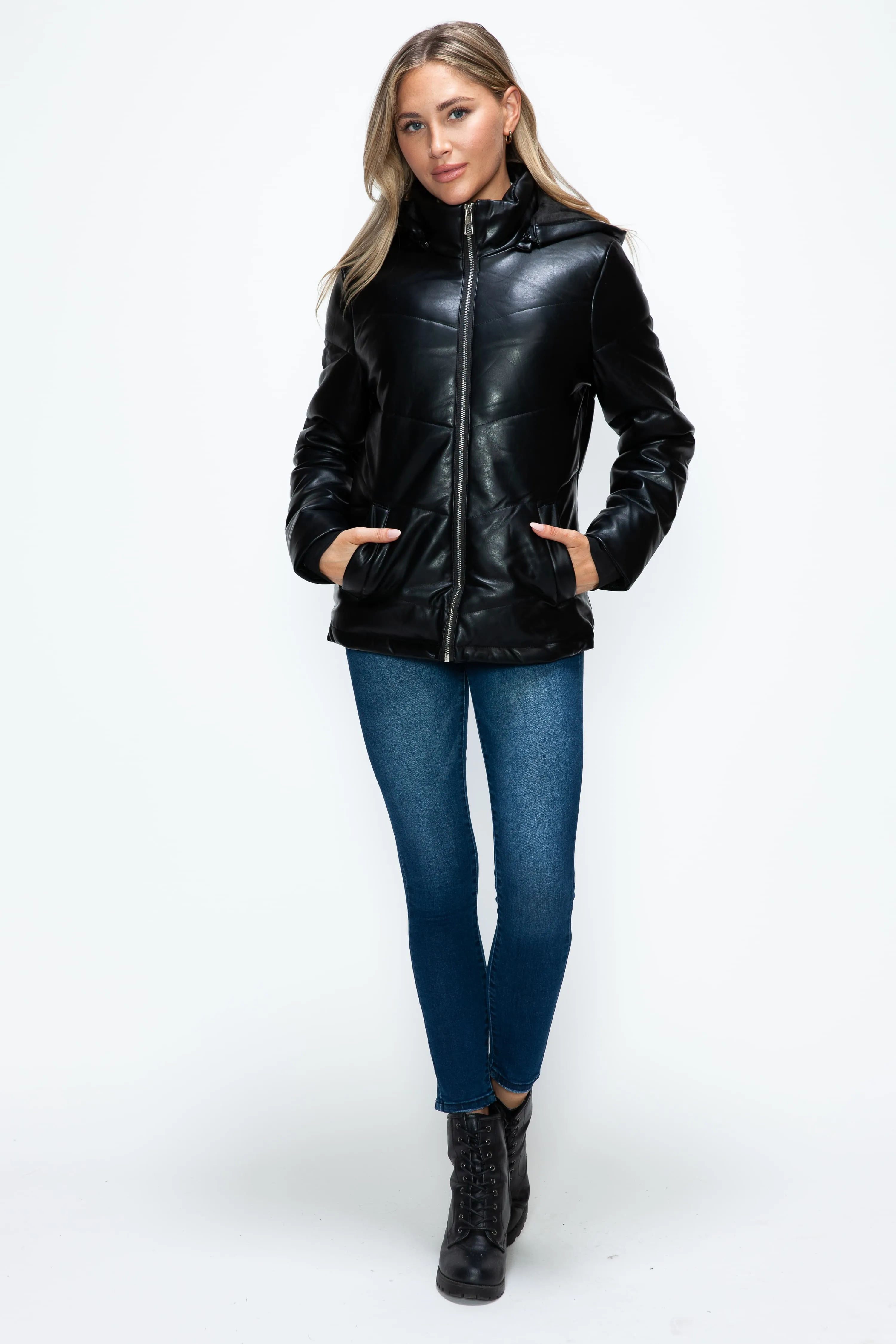 Black Vegan Leather Zip Up Puffer Jacket