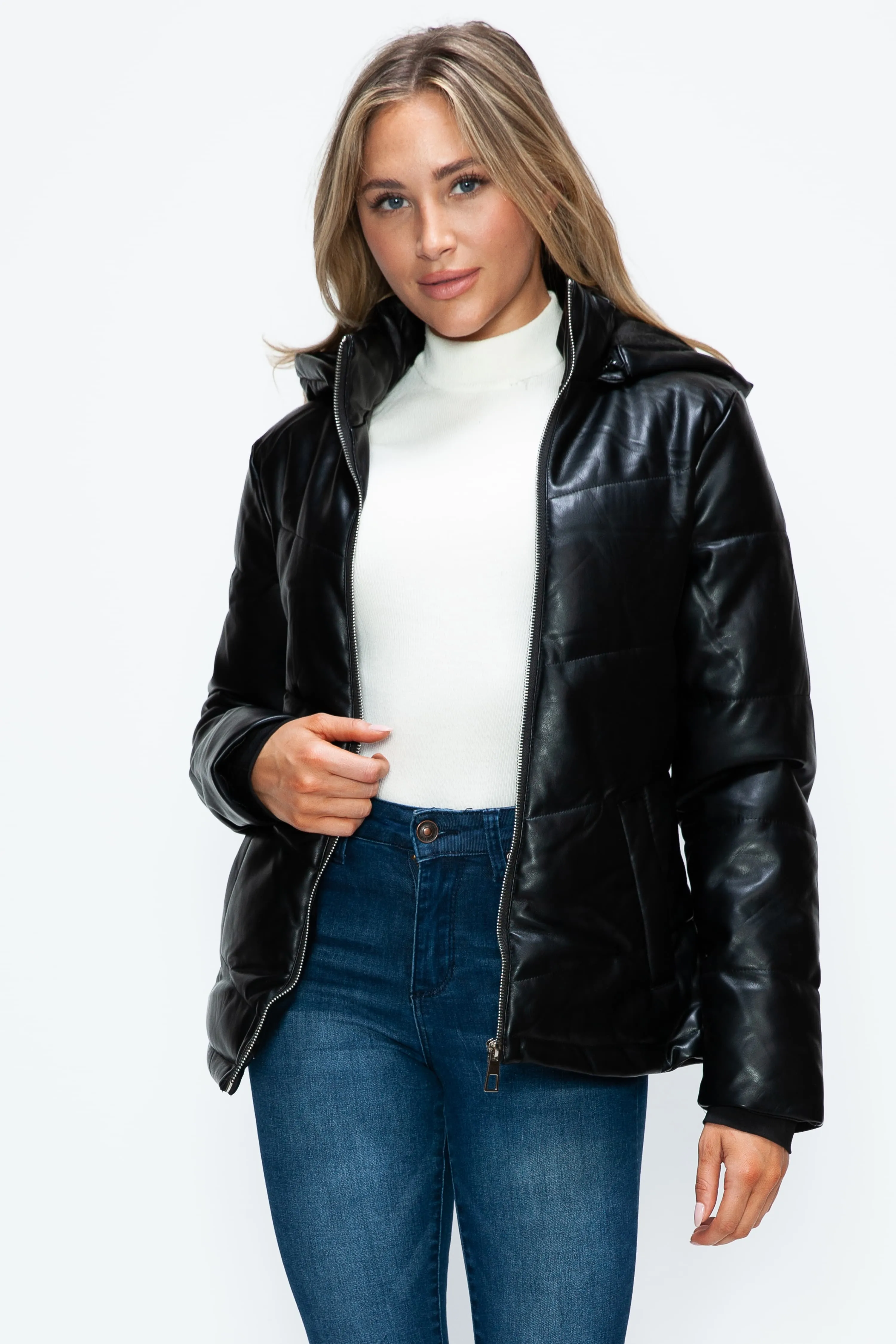 Black Vegan Leather Zip Up Puffer Jacket