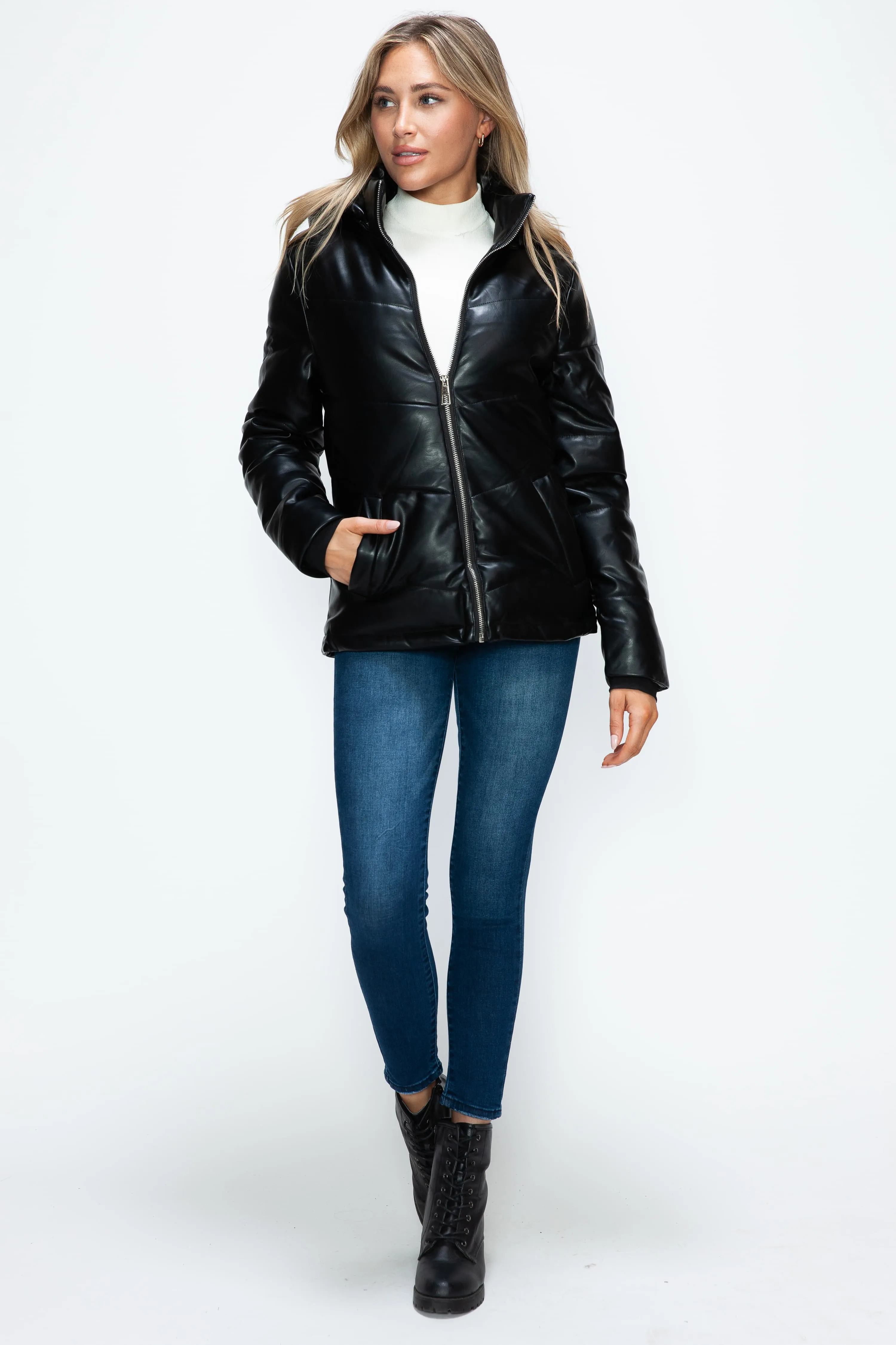 Black Vegan Leather Zip Up Puffer Jacket