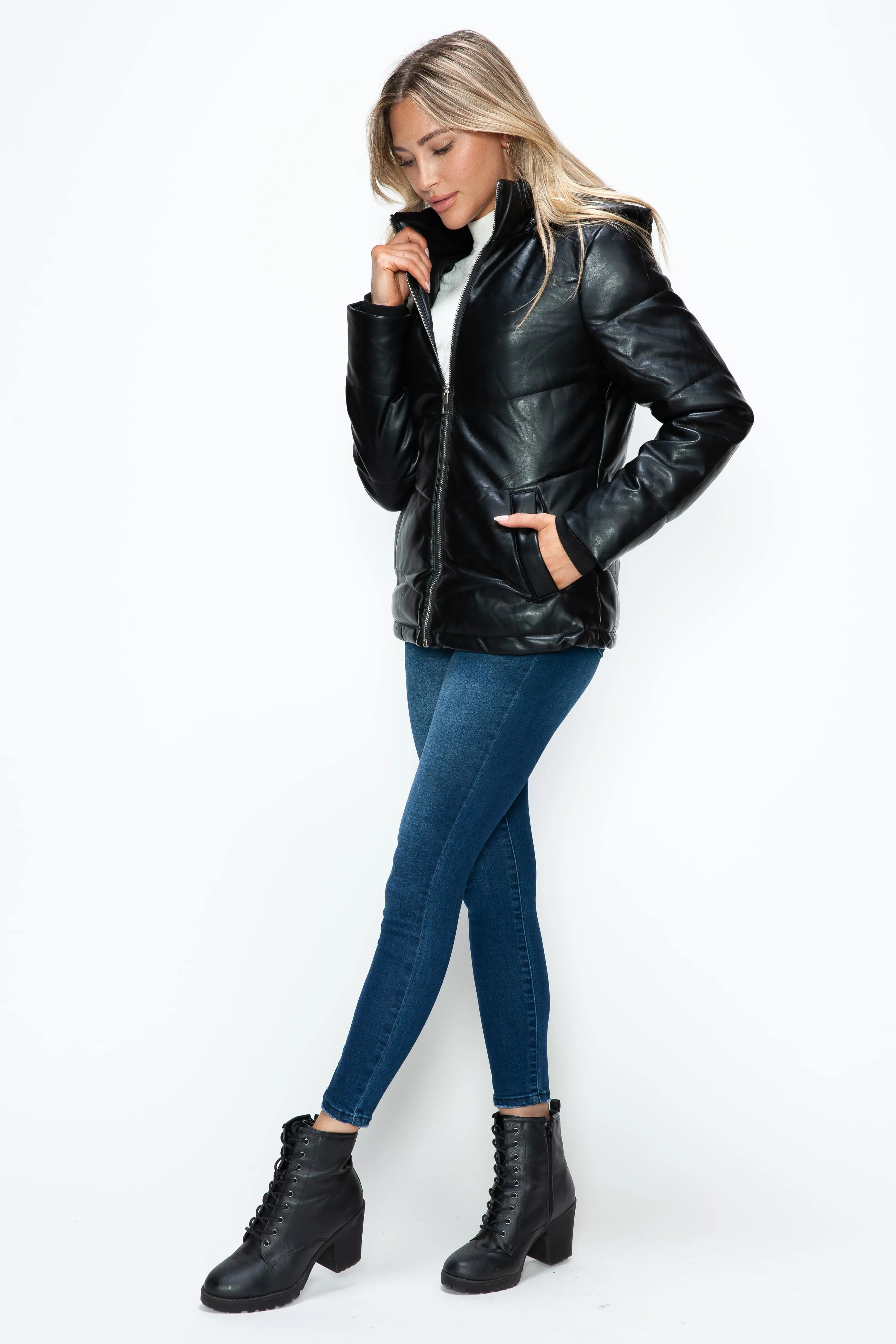 Black Vegan Leather Zip Up Puffer Jacket