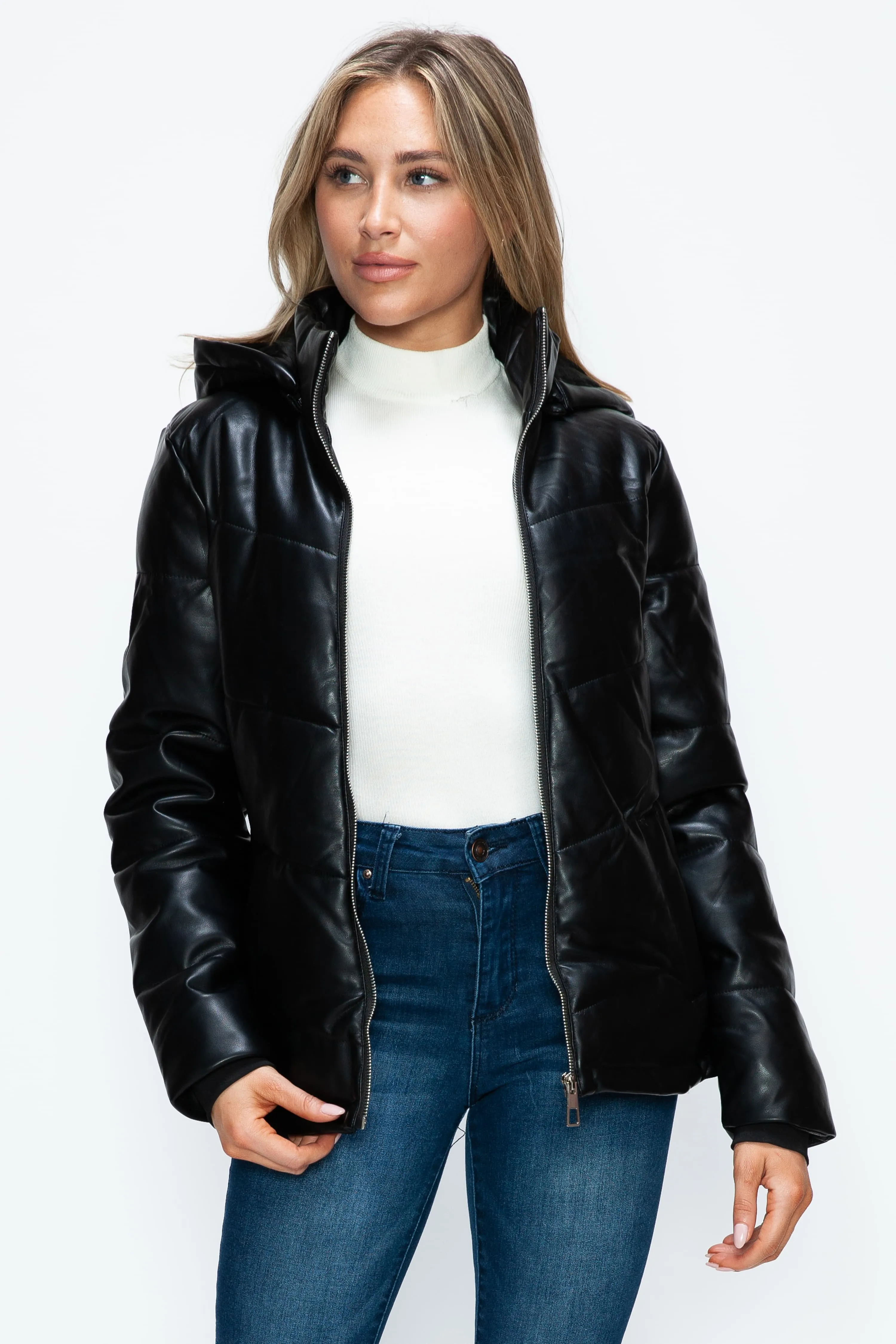 Black Vegan Leather Zip Up Puffer Jacket